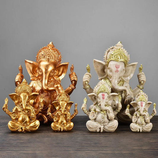 Hindu Ganesha Buddha Elephant Statue Golden Sandstone Ganesha Figurine Tabletop Decoration Ornament Elephant Figurine Home Decor