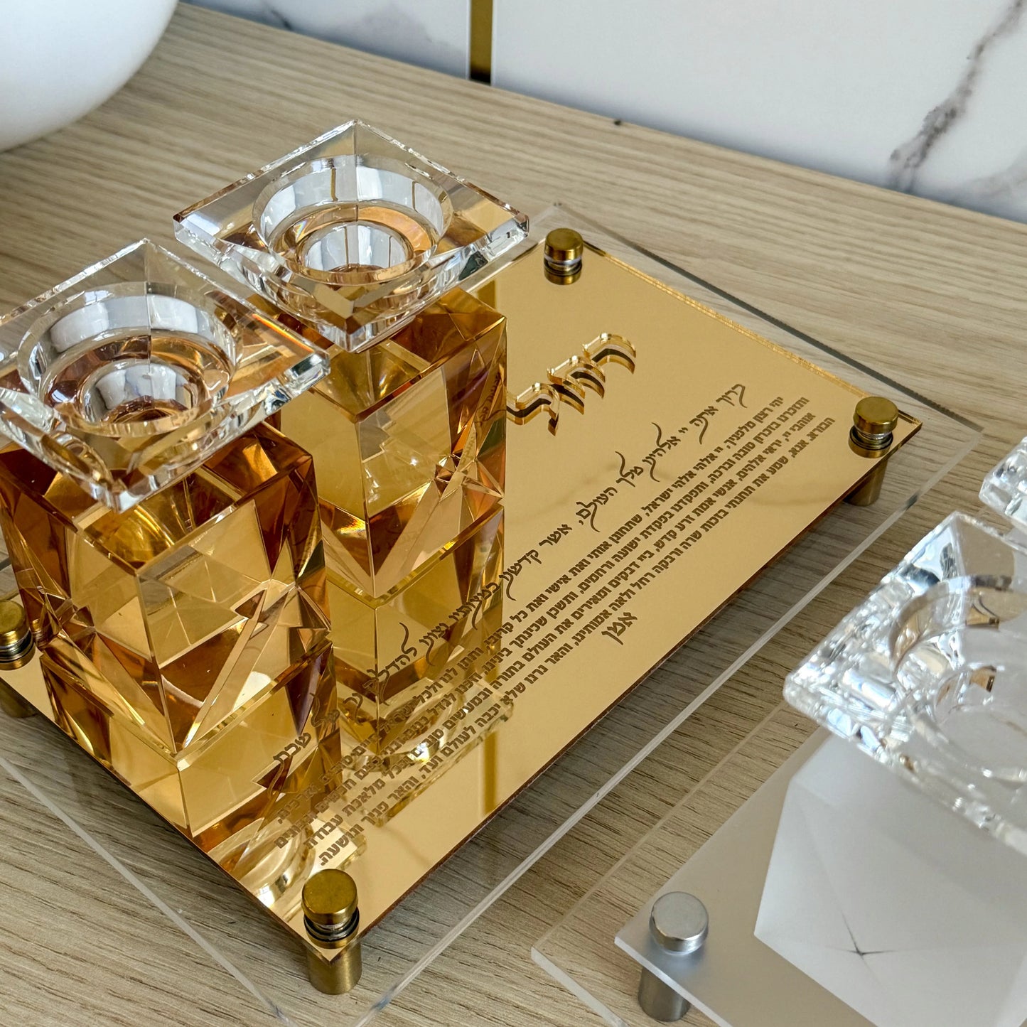 Custom Engraved Hebrew Crystal Shabbat Candlestick Set Gold Mirror Acrylic Tray Jewish Sabbath Candle Holder Judaica Gift