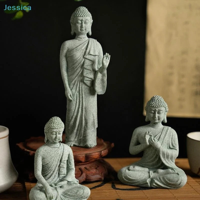 ♥Buddha Statue Set – Sandstone Finish, Various Poses, Zen Home Decor for Meditation & Spiritual Space