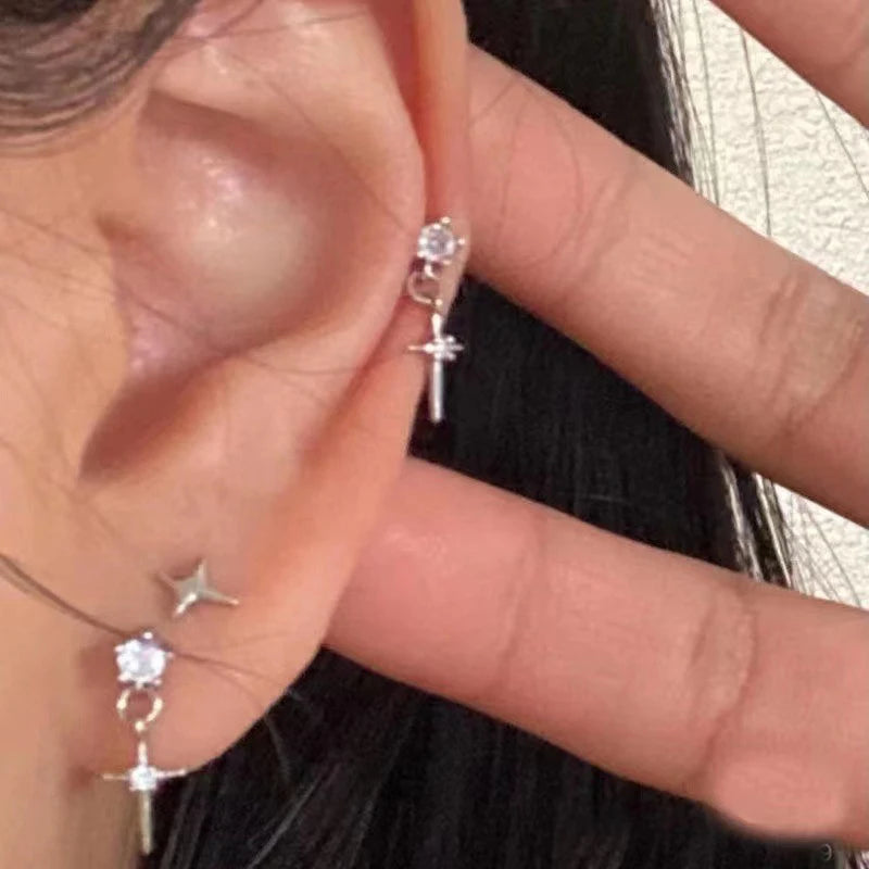 Mini Crystal Zircon Stud Earrings Sweet Needle Unisex Ear Studs Pendant Cross Star Earbone Jewelry Cool Cute Punk Grunge Jewelry