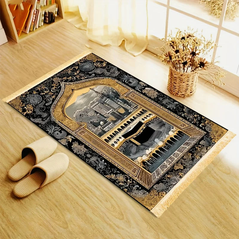 VIKAMA Black Gold Mecca Sky House Worship Carpet Retro Prayer Carpet Eid al Fitr Portable Prayer Mat Mosque Prayer Carpet