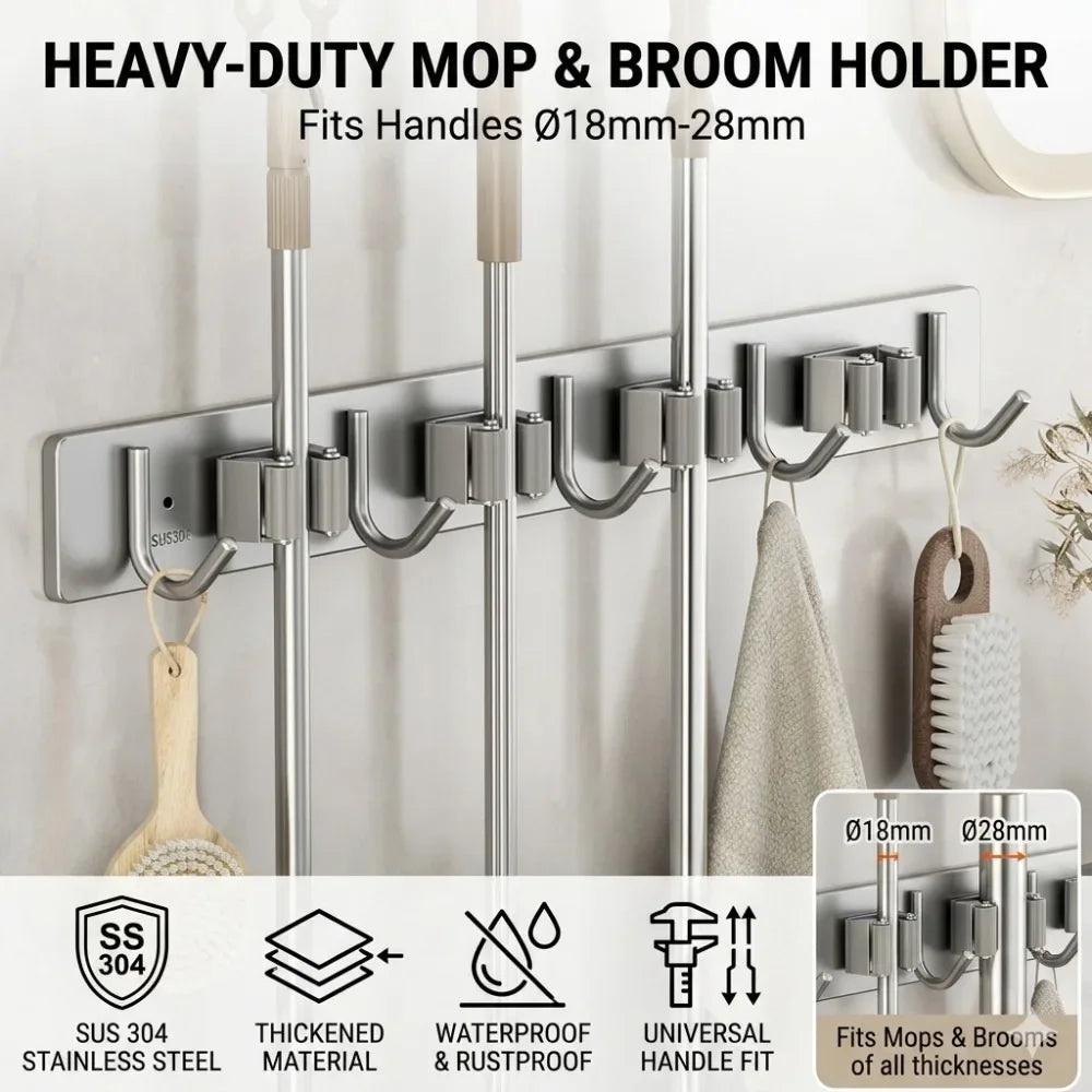 Stainless Steel Mop Broom Holder Wall Mounted No-Drilling Self Adhesive Heavy Duty Utility Storage Rack Garage Garden Organizer