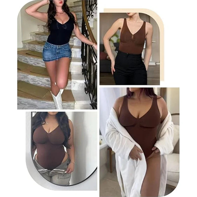 Guudia Ruched Breast Shapewear Bodysuit Wide Shoulder Strap Tummy Control Bodysuits V Neck Shaper Bodysuit Tank Top Bodysuit