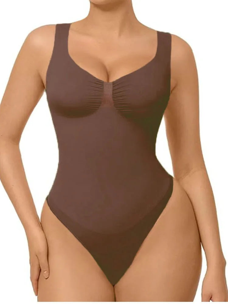 Guudia Ruched Breast Shapewear Bodysuit Wide Shoulder Strap Tummy Control Bodysuits V Neck Shaper Bodysuit Tank Top Bodysuit