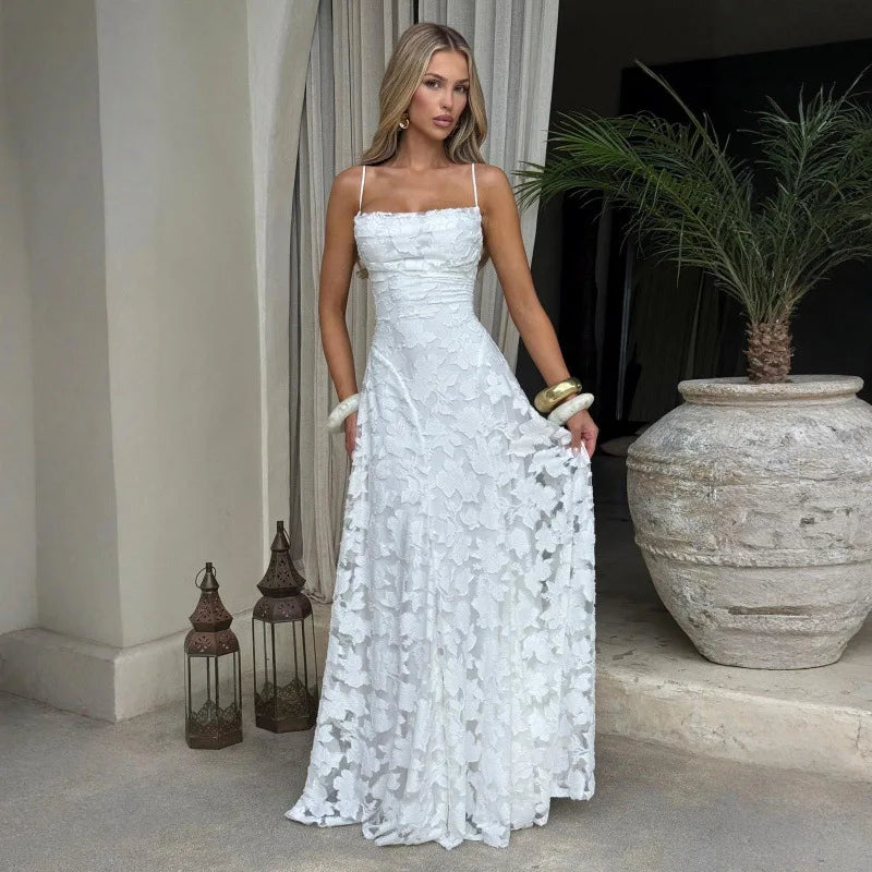 Elegant Jacquard Lace Spaghetti Straps Maxi Dress Backless Tie Square Neck Floor Length A Line Dress Evening Wedding Graduation