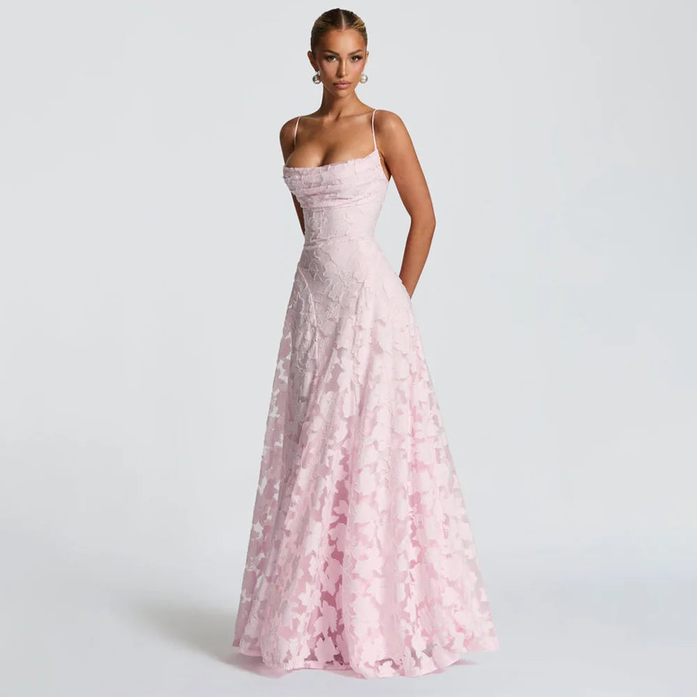 Elegant Jacquard Lace Spaghetti Straps Maxi Dress Backless Tie Square Neck Floor Length A Line Dress Evening Wedding Graduation