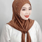 Convenient Instant Hijab Pullover Beaded Scarf Malay Shawl Women's Solid Color Headscarf (One Cap Gift)