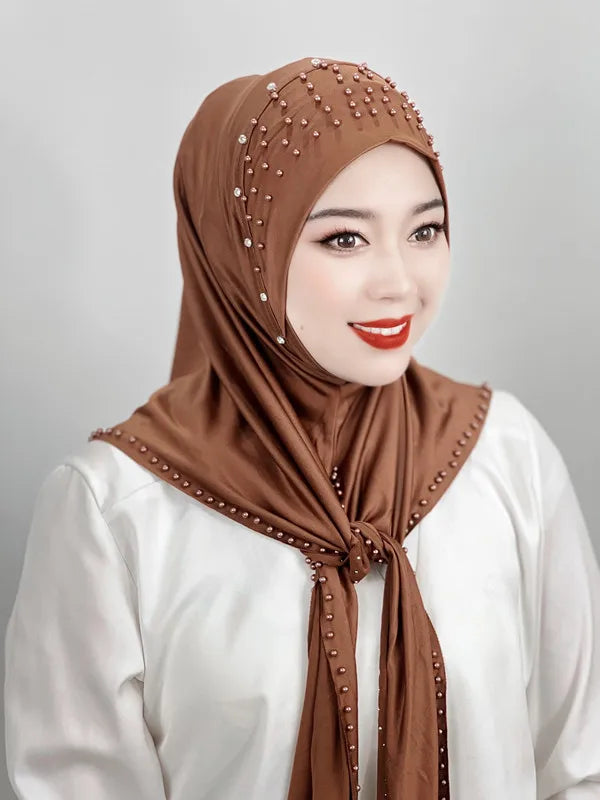 Convenient Instant Hijab Pullover Beaded Scarf Malay Shawl Women's Solid Color Headscarf (One Cap Gift)