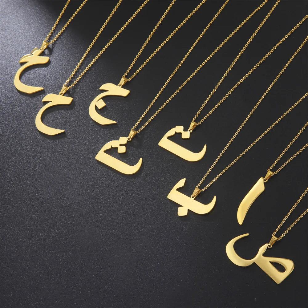 EUEAVAN Arabic Letter Pendant Necklace for Women Men Stainless Steel Arab Initial Alphabet Necklaces Lucky Amulet Muslim Jewelry