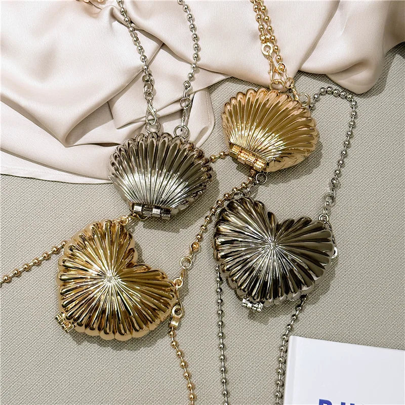 Golden Silver Evening Bag Handbag Luxury Designer Shoulder Crossbody Bags Party Wedding Clutch Mini Heart Pattern Shell Purse