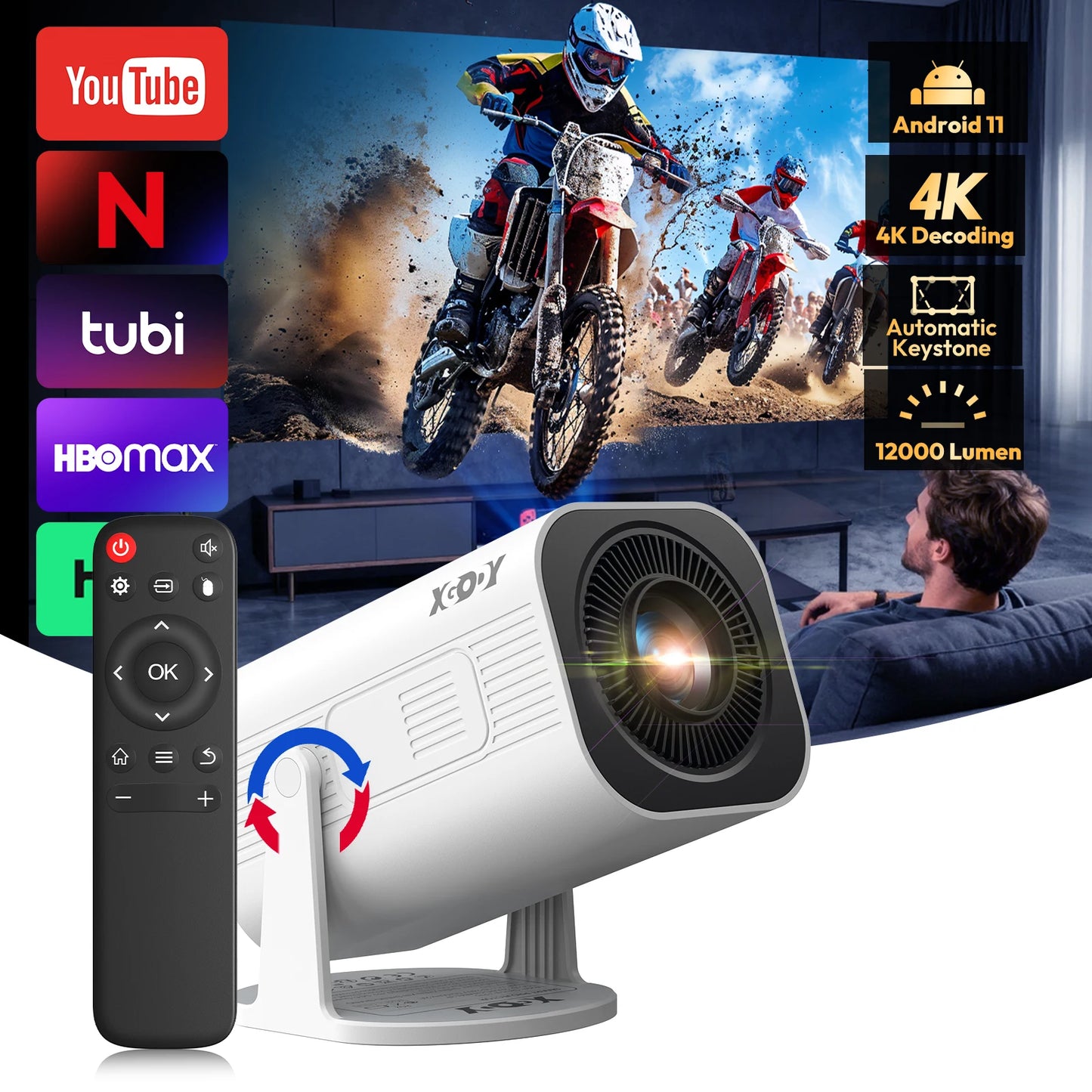 Xgody Gimbal 3 Pro Projector 4K Wifi6 Android Mini Beamer 300 Ansi Dual Wifi Bt5.4 1280*720P Home Theater Outdoor Portable