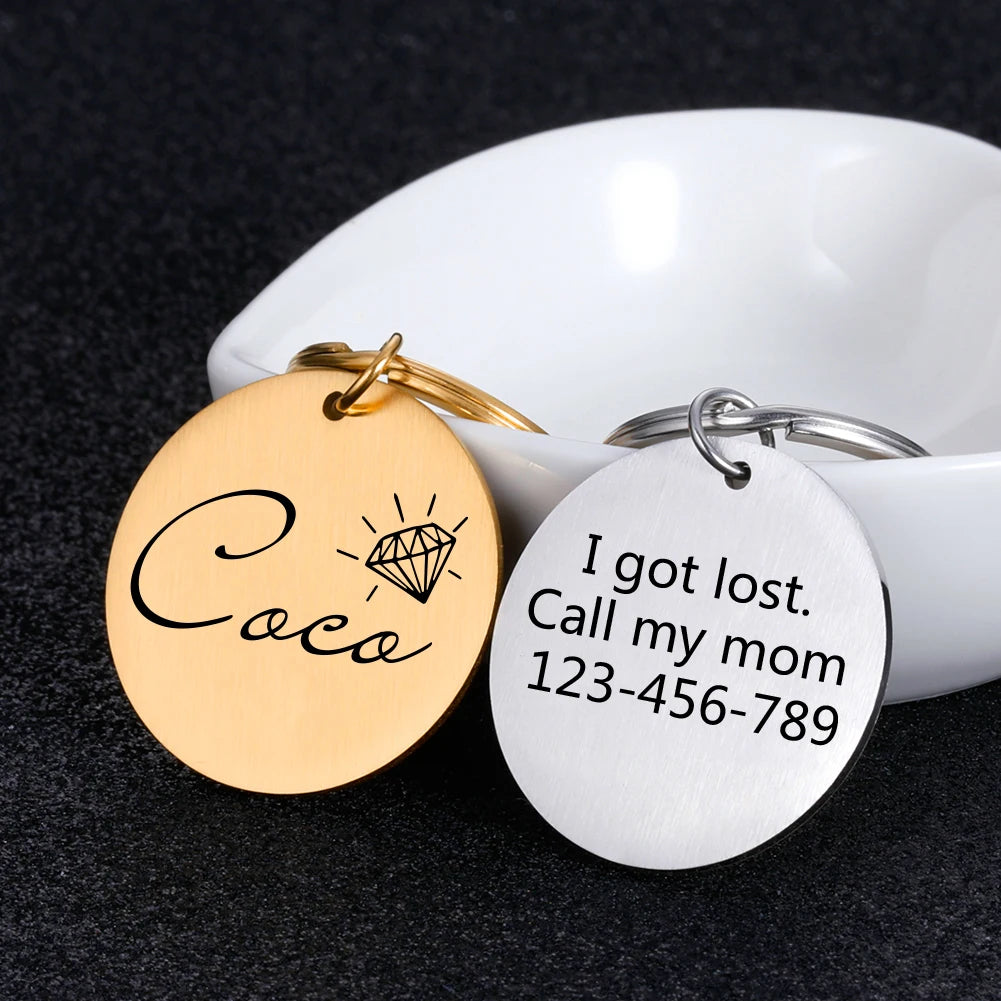 Customized pet nameplate with circular stainless steel text, digital engraved dog and cat collar ID tag, name, phone number,