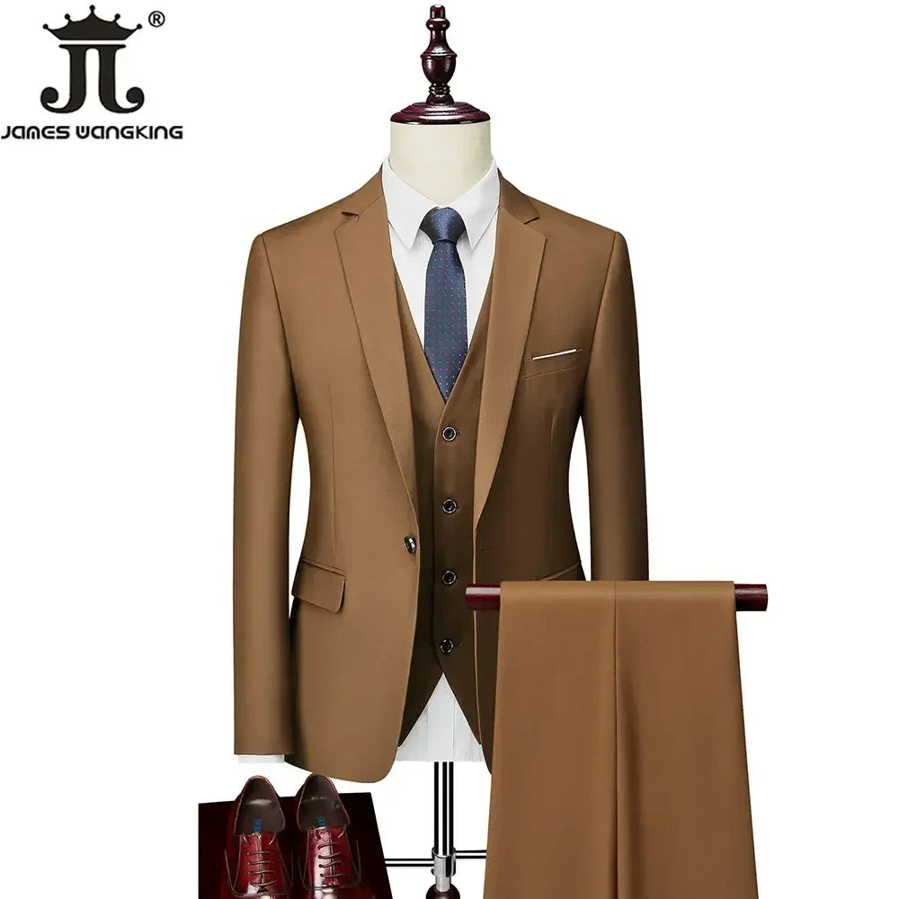 M-6XL 15 Colors ( Jacket+Vest+Pants ) Formal Business Office Men's Suits Groom Wedding Dress Party Dress Solid Color Suit