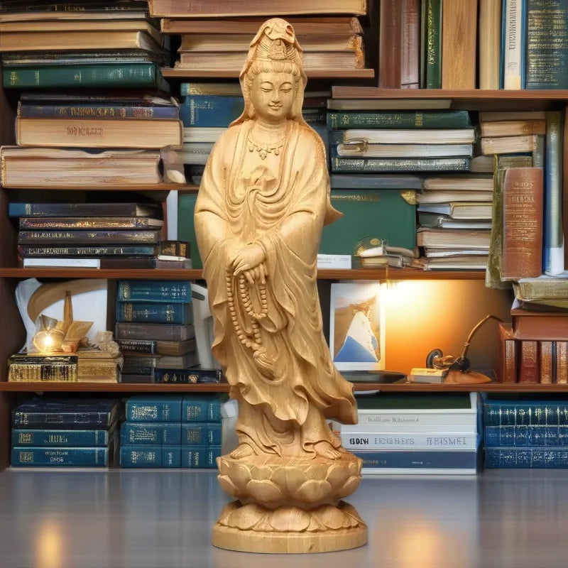Natural Cypress Lotus Guanyin Small Statue  Chinese Buddha Statues Home Room Office Car Feng Shui Figure Statue Log Color4.71 in