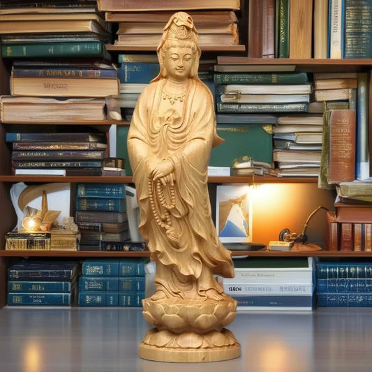 Natural Cypress Lotus Guanyin Small Statue  Chinese Buddha Statues Home Room Office Car Feng Shui Figure Statue Log Color4.71 in