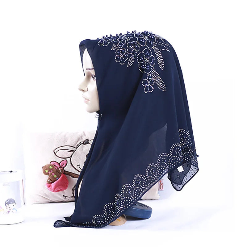 Muslim Square Scarf Women Fashion Rhinestone Hijab Arab Headwrap Turban Headband Pearl Chiffon Islamic Headscarf  Free Pin