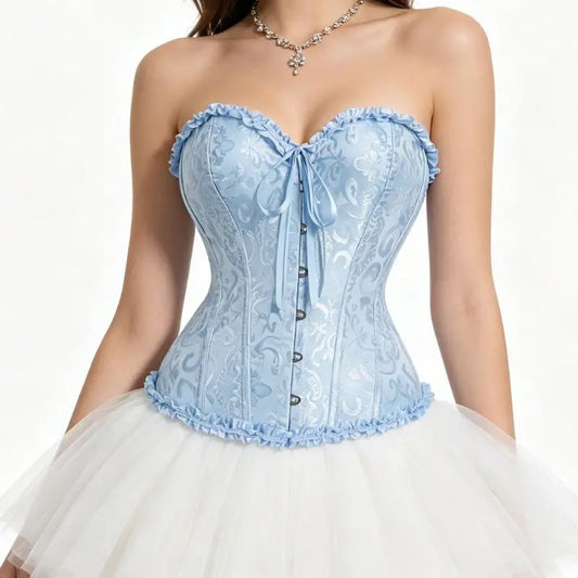 Women's Strapless Sweetheart Corset Light Blue Floral Jacquard Ruffle Frill Bustier
