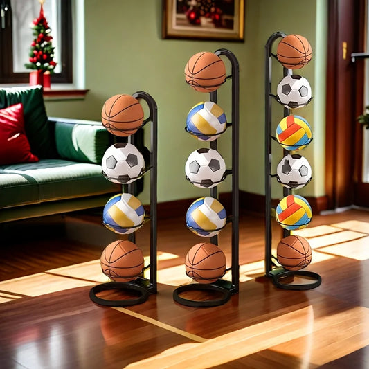 Black metal sports ball organiser rack for home or training spaces