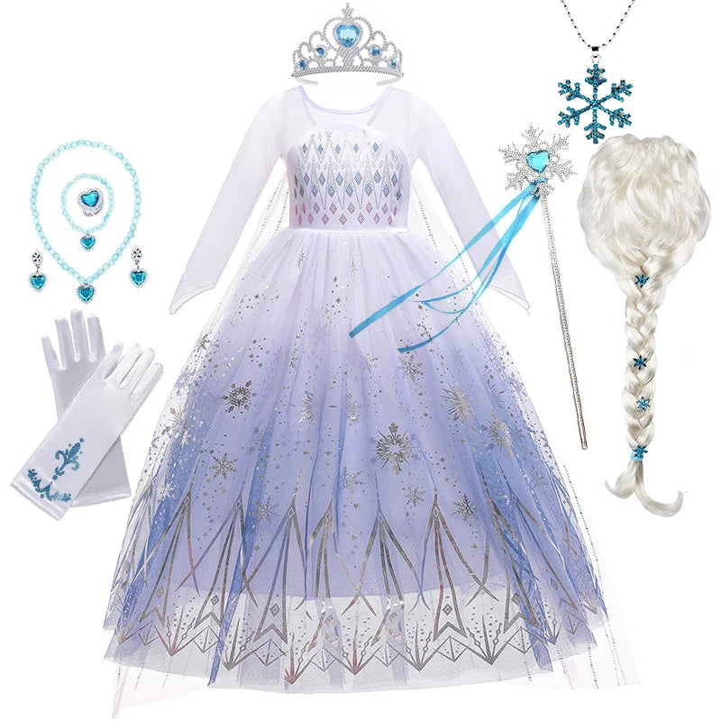 Birthday Kid Girls Cosplay White Elsa Mesh Costumes Snow Queen Elsa Princess Long Dress Halloween Party Carnival Clothes Vestido