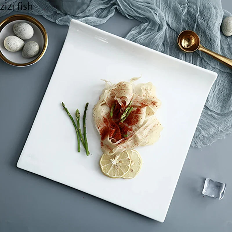 Square Ceramic Plate White Steak Plate Dessert Sushi Plate Serving Plates Flat Plates Molecular Cuisine Restaurant Tableware