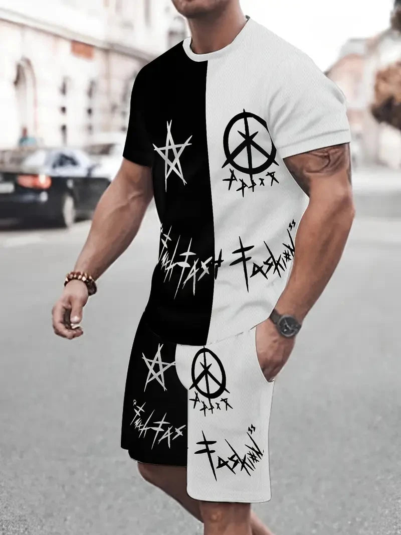 2025 Summer Men's Clothing Letter Print Short Sleeve Top Men's Elastic Waist Shorts 2-piece Set Plus Size T Shirts Shorts Set