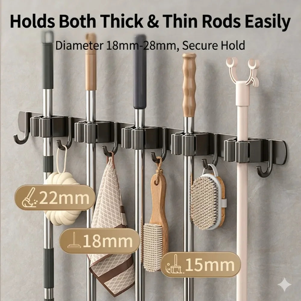 Stainless Steel Mop Broom Holder Wall Mounted No-Drilling Self Adhesive Heavy Duty Utility Storage Rack Garage Garden Organizer