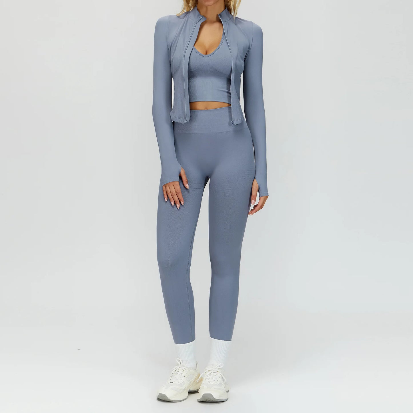 Seamless Yoga Set 3PCS Women Sportswear Workout Clothes Athletic Wear Gym Legging Fitness Bra Crop Top Long Sleeve Sports Suits