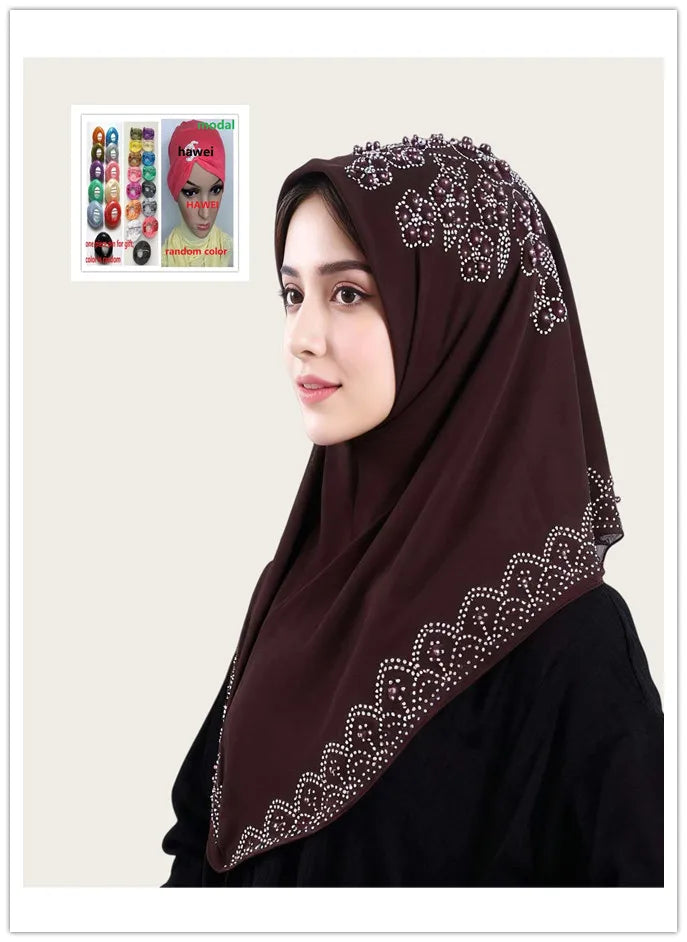 Muslim Square Scarf Women Fashion Rhinestone Hijab Arab Headwrap Turban Headband Pearl Chiffon Islamic Headscarf  Free Pin