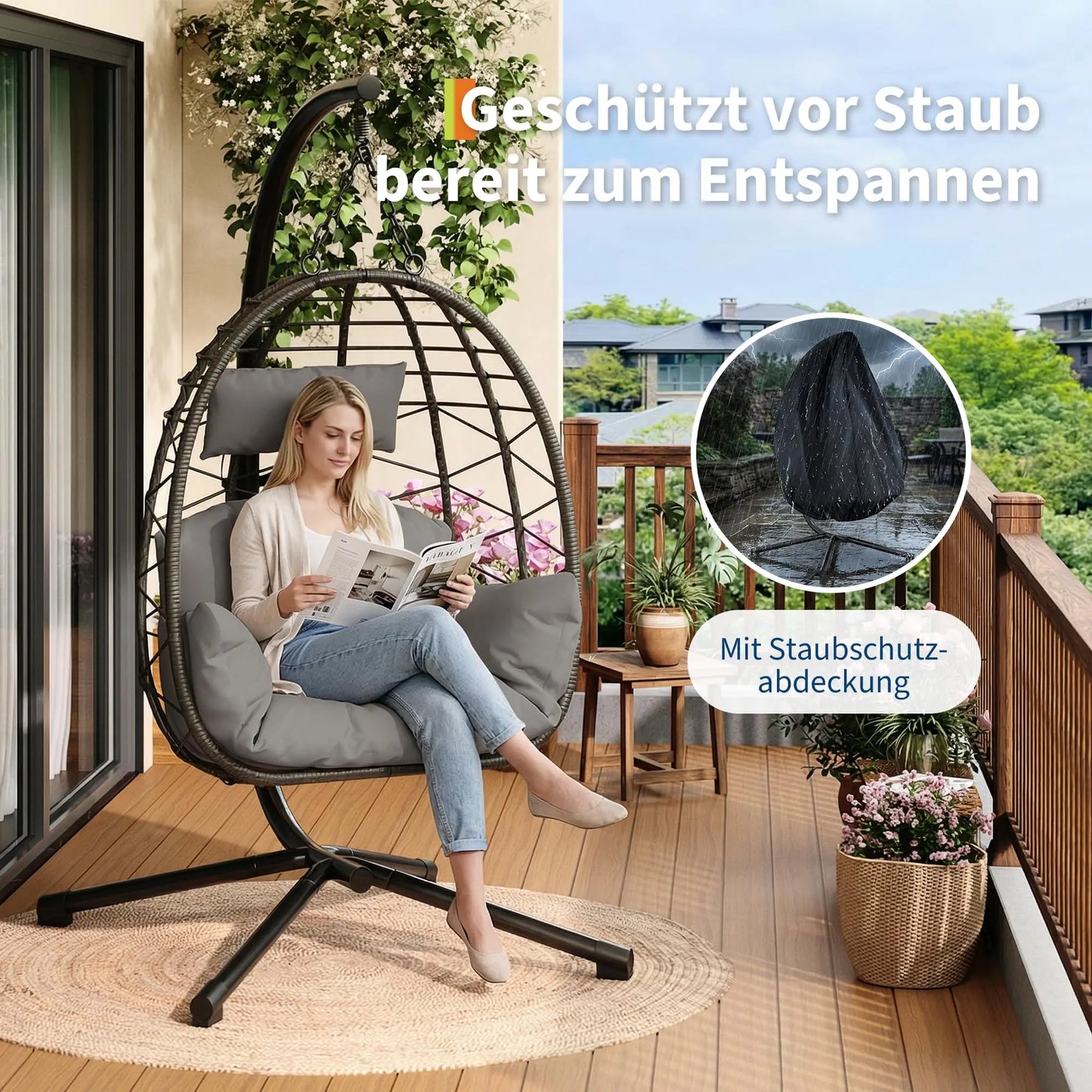 Foldable Rattan Swing Egg Chair With Metal Stand Indoor Outdoor Hanging Hammock Chair Weatherproof Patio Garden Furniture