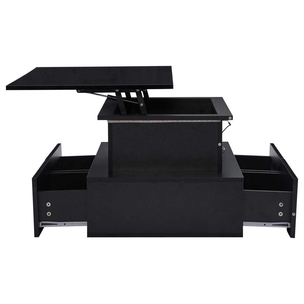 High‑Gloss Black Coffee Table 90×55×41cm, App‑Controlled RGB LED Light, Handle‑Less Click‑to‑Open Drawers, Silent‑Glide Extendable Top with Hidden Storage, Particle Board Multi‑Function Living Room Table Max L
