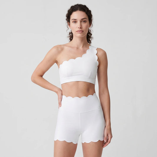 Women One Shoulder Scalloped Trim Sports Bra High Waist Scalloped Yoga Shorts 2 Pcs Workout Set Squat Proof Gym Pilates Outfit
