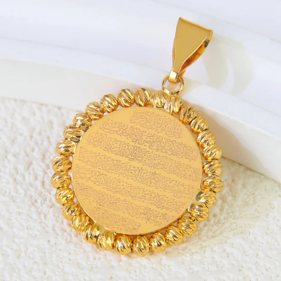Arabic Islamic Simple Necklace Pendant 21k Gold Plated Dubai Wedding Vintage Coins Pendants Exotic Classic Ayatul Kursi Jewelry