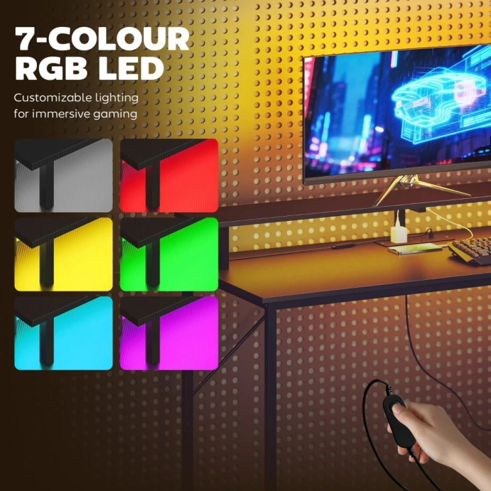 147cm Gaming Desk with Left/Right Adjustable PC Host Stand RGB LED Monitor Riser for Dual 27" Monitors Built-in Power Hub USB-C 3 Fabric Drawers Steel Frame Max 80kg Load Computer Table