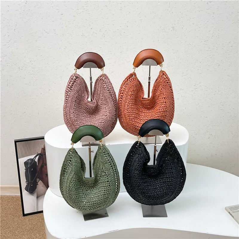 Boho Handwoven Straw Hobo Tote Bag Women Crescent Moon Shape Top Handle Basket Purse Summer Hollow Out Woven Handbag