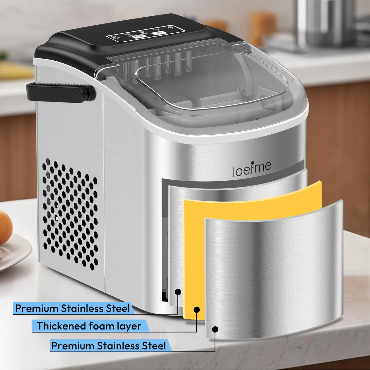 LOEFME 12kg/Day Portable Ice Maker 6 Mins Quick Ice 9pcs Bullet Ice Fully Automatic Self-Cleaning Ice Machine for Home Kitchen