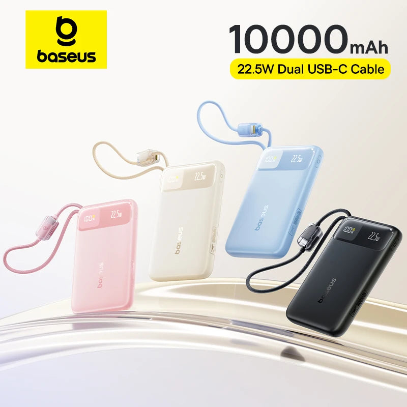 Baseus 10000mAh Power Bank 22.5W Built-In Dual USB-C Cable Thinner Fast Charging for iPhone 17 Pro Max Samsung S25 Xiaomi Poco