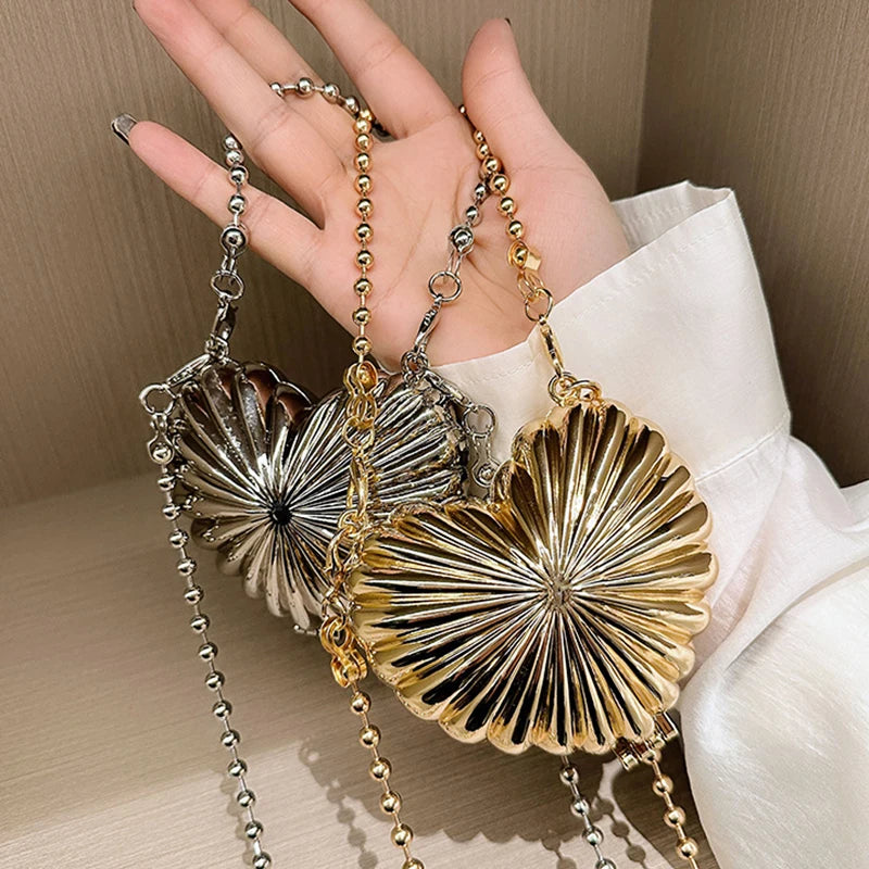 Golden Silver Evening Bag Handbag Luxury Designer Shoulder Crossbody Bags Party Wedding Clutch Mini Heart Pattern Shell Purse