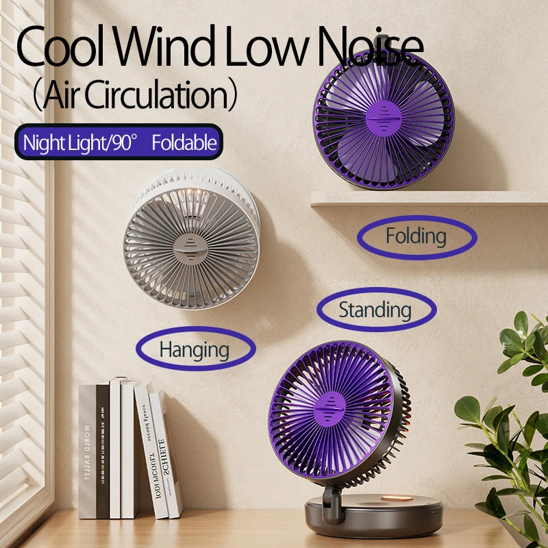 5000mAh Rechargeable 3 IN 1 Multifunctional Fan 4 Speed 90° Folding Wall Mounted Portable Fan with Warm Night Light
