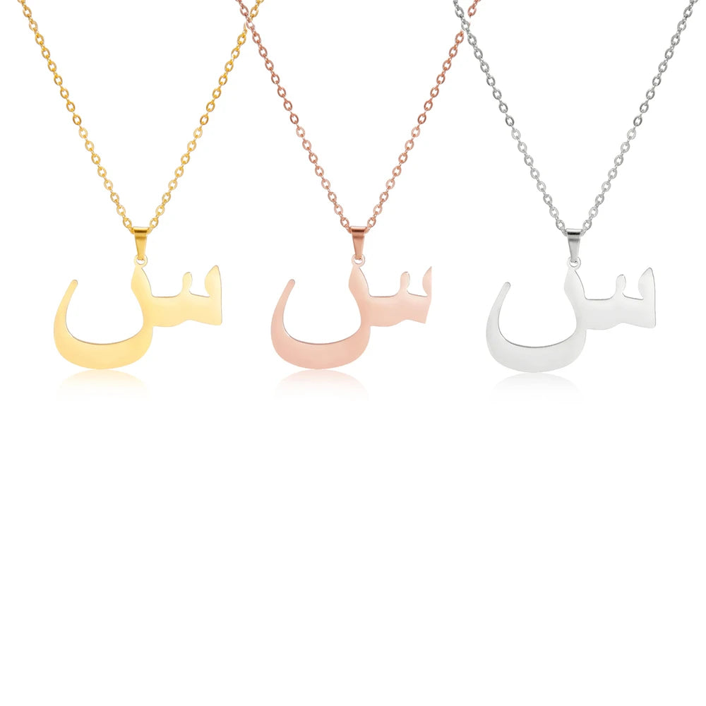 EUEAVAN Arabic Letter Pendant Necklace for Women Men Stainless Steel Arab Initial Alphabet Necklaces Lucky Amulet Muslim Jewelry