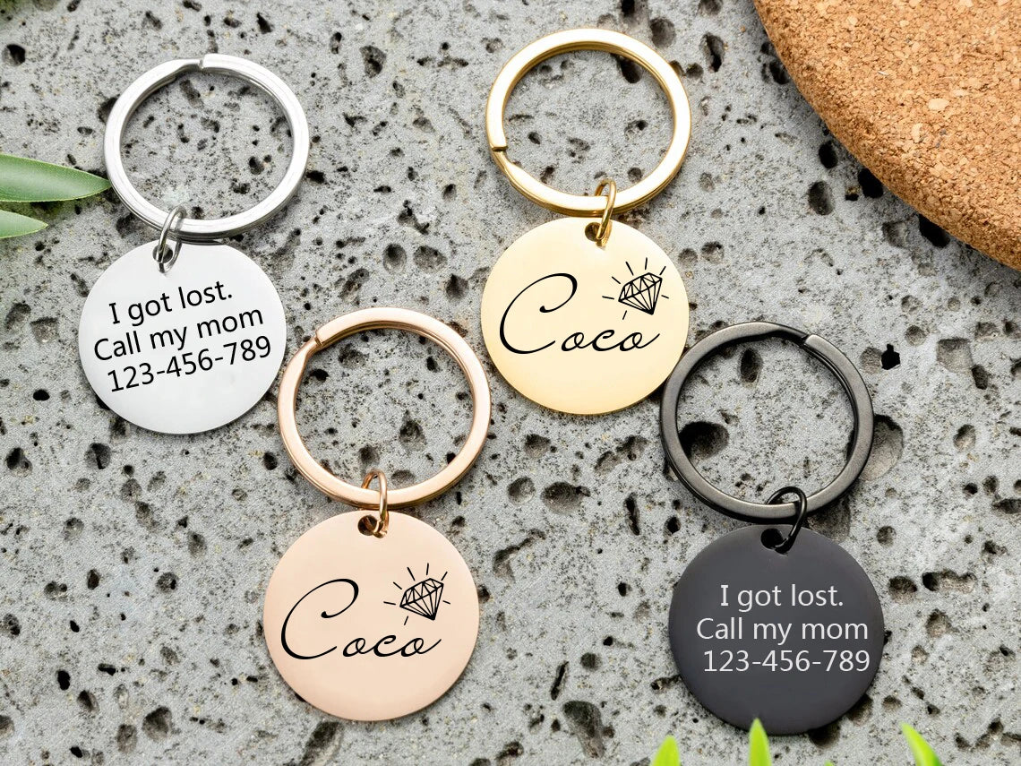 Customized pet nameplate with circular stainless steel text, digital engraved dog and cat collar ID tag, name, phone number,