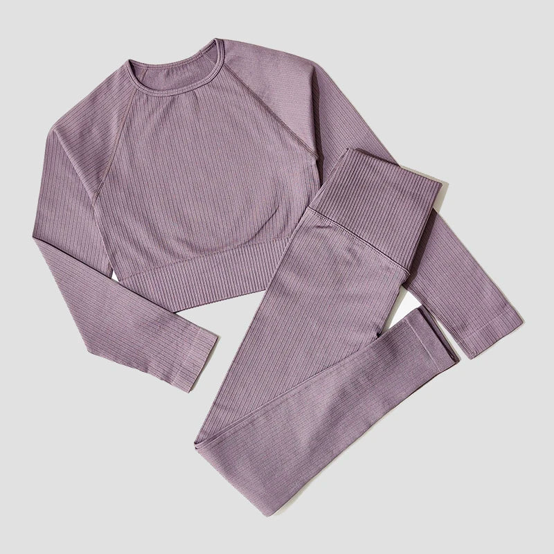 Women's Sportswear Yoga Set Workout Clothes Athletic Wear Sports Gym Legging Seamless Fitness Bra Crop Top Long Sleeve Yoga Suit