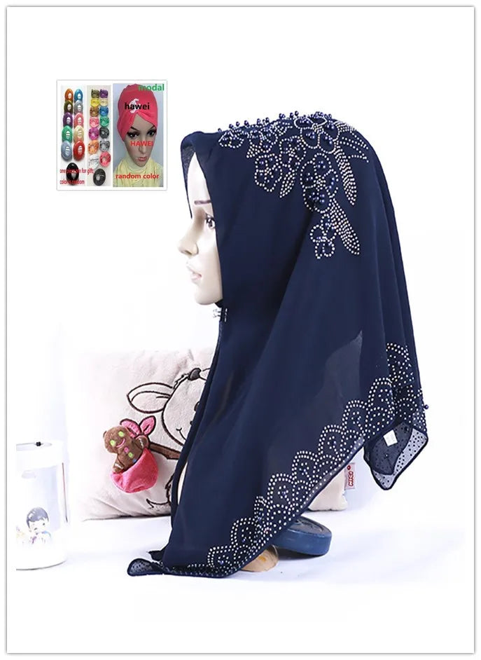 Muslim Square Scarf Women Fashion Rhinestone Hijab Arab Headwrap Turban Headband Pearl Chiffon Islamic Headscarf  Free Pin