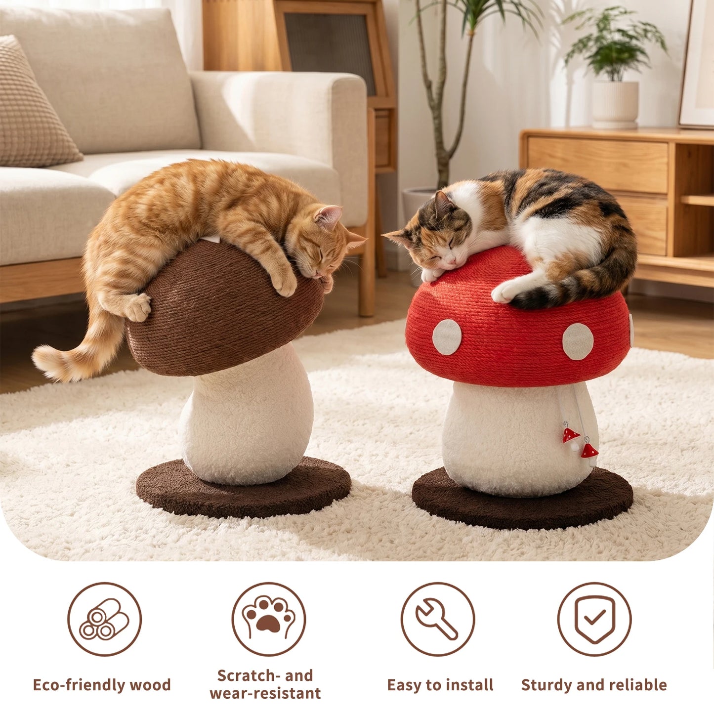 Mushroom Shape Sisal Rope Cat Scratcher, Durable Climbing Post & Play Toy for Indoor Cats, Non-Shedding Scratching Pole