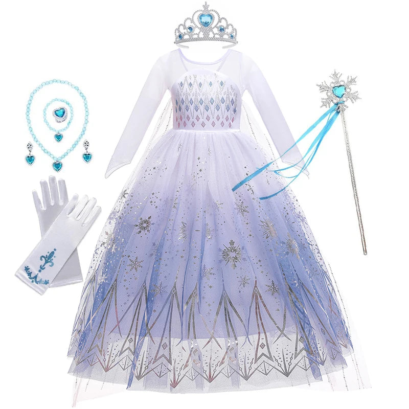 Birthday Kid Girls Cosplay White Elsa Mesh Costumes Snow Queen Elsa Princess Long Dress Halloween Party Carnival Clothes Vestido