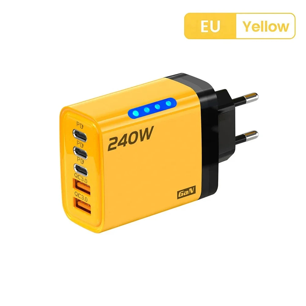 240W 5 in 1 USB C GaN Desktop Charger Fast Charge Phone Adapter 10A Type C Cable For iPhone Samsung Xiaomi EU/US/UK Plug Charger