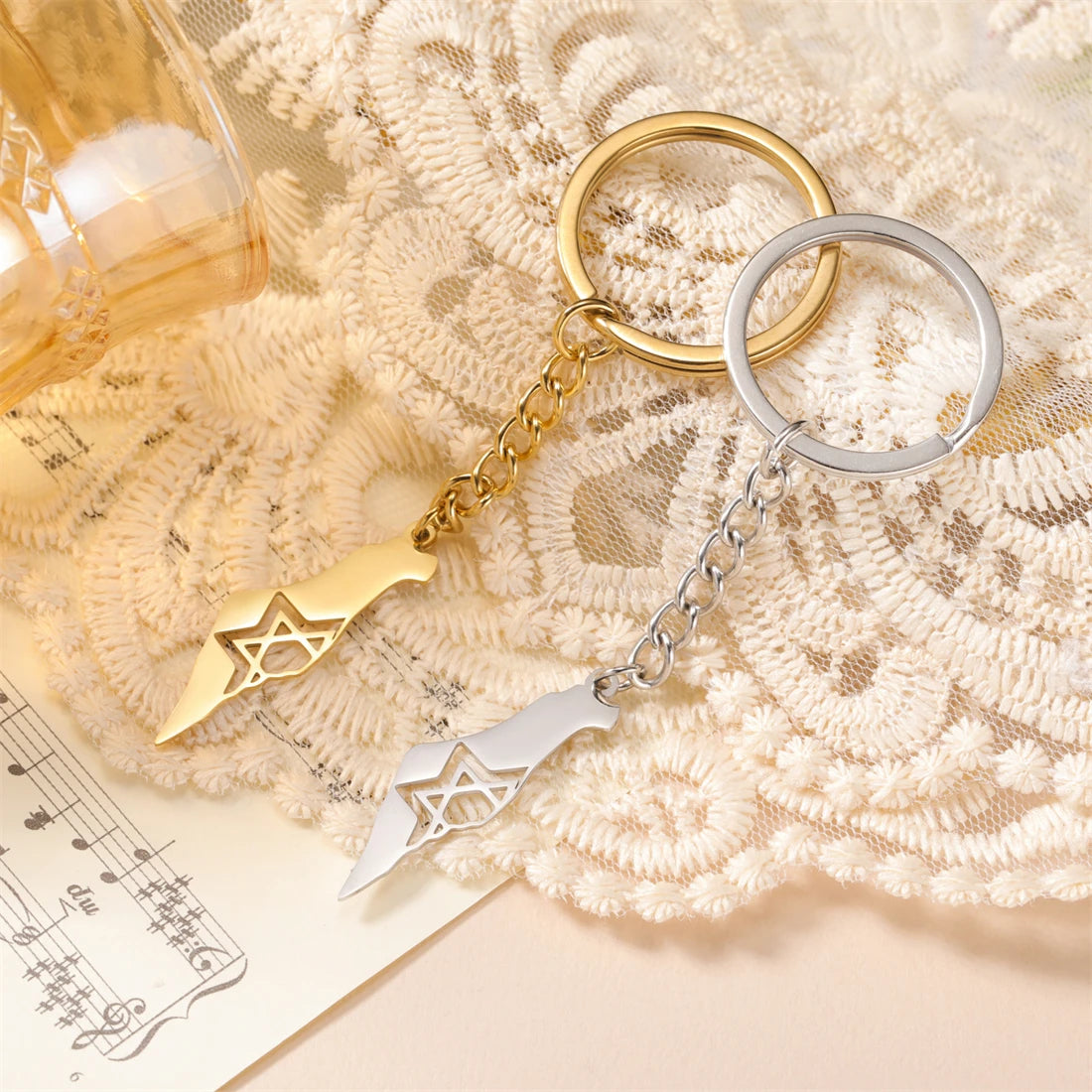 EUEAVAN Fashion Israel Map Keychain Stainless Steel Hollow Hexagram Star of David Keychain Religious Jewelry Gift Wholesale