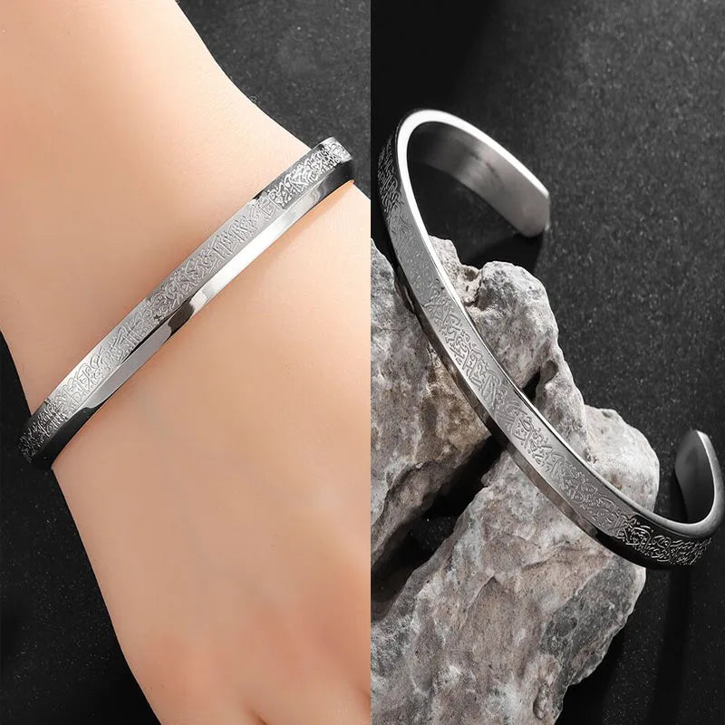 Islamic Ayatul Kursi Quran Verse Open Bangles Muslim Stainless Steel Men\'s Cuff Bracelet Arabic Calligraphy Allah Allah Jewelry
