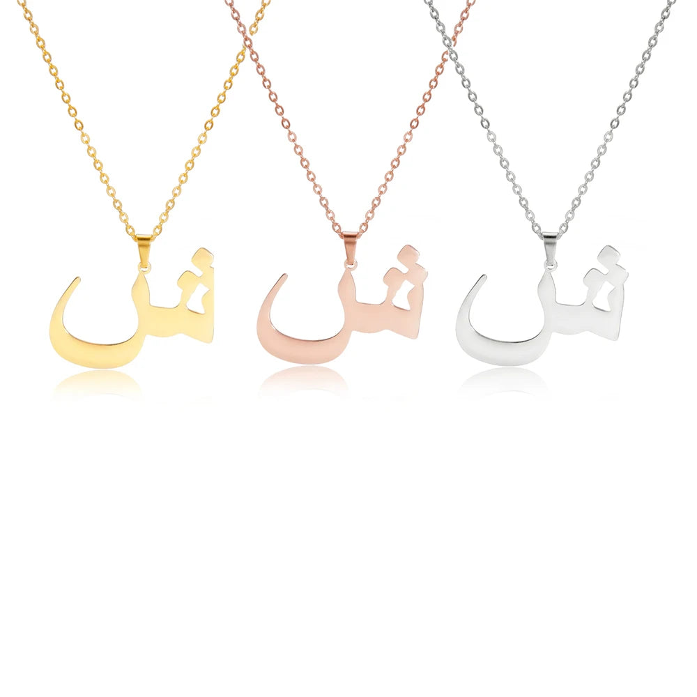 EUEAVAN Arabic Letter Pendant Necklace for Women Men Stainless Steel Arab Initial Alphabet Necklaces Lucky Amulet Muslim Jewelry