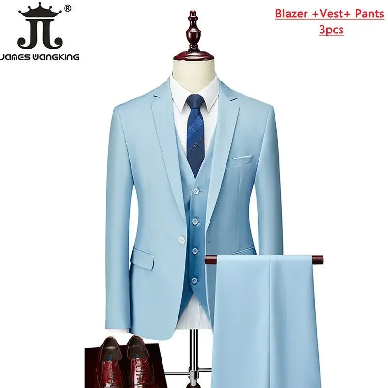 M-6XL 15 Colors ( Jacket+Vest+Pants ) Formal Business Office Men's Suits Groom Wedding Dress Party Dress Solid Color Suit