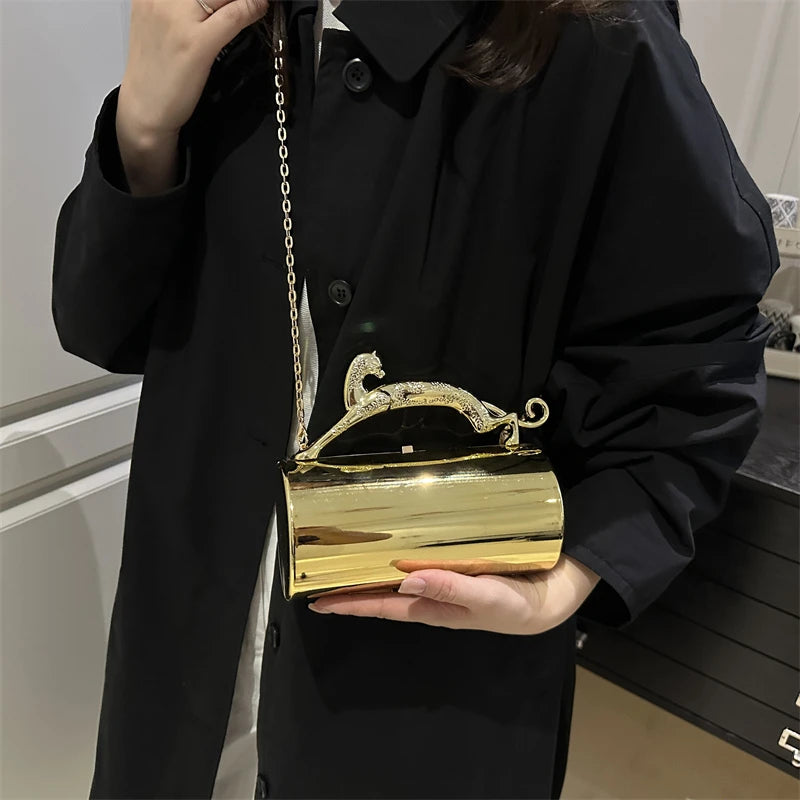 Animals Leopard Metal Handle Evening Clutch Bag Trendy Party Purse Lady High Quality Acrylic Shoulder Crossbody Bag Mini Handbag